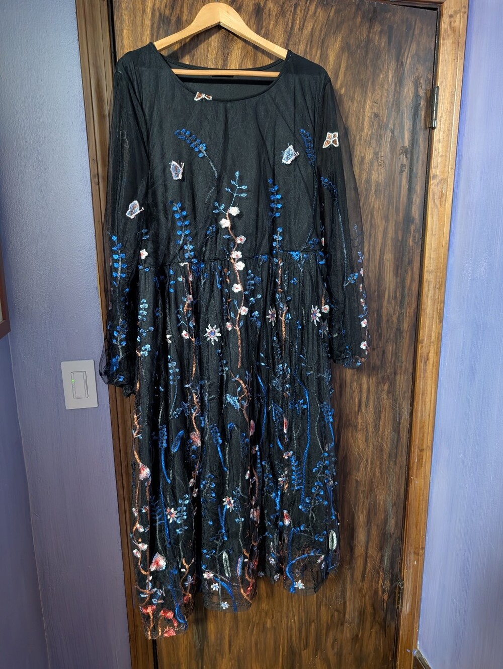Black Embroidered Floral Mesh Midi Dress - Black